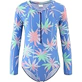 Girls Rash Guard Long Sleeve One Piece Swimsuits Stripes Zipper Bathing Suits UPF 50+/Sun Protection