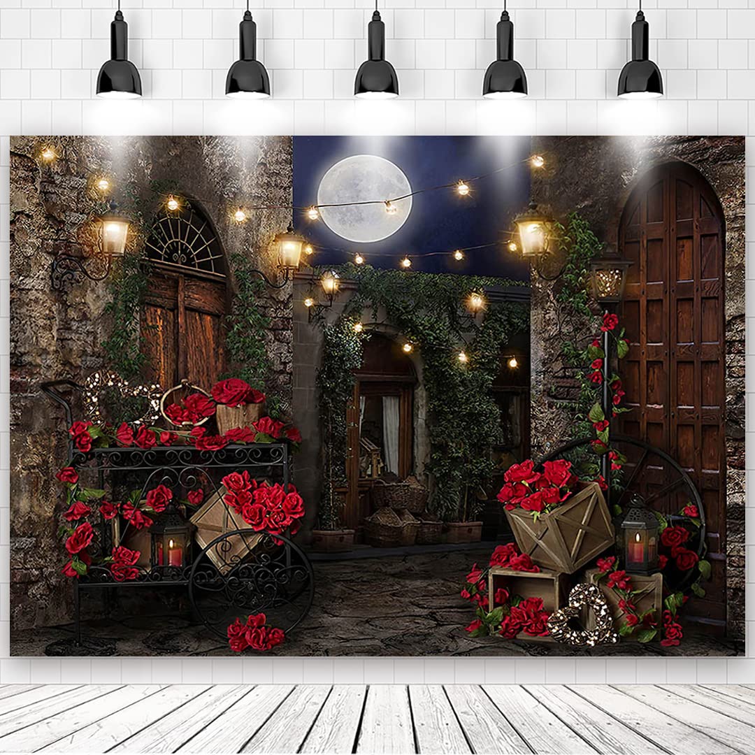 Photo 1 of 7x5ft Romantic Vintage Alley Backdrop Town Night Photography Backdrops Red Rose Stone House Baby Kids Adult Portrait Photoshoot Holiday Travel Party Background Banner Photo Booth Shoot Props