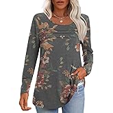 Anyhold Womens Fall Long Sleeve Tunics Tops Dressy Casual Pleated Blouses Trendy Crew Neck Shirts