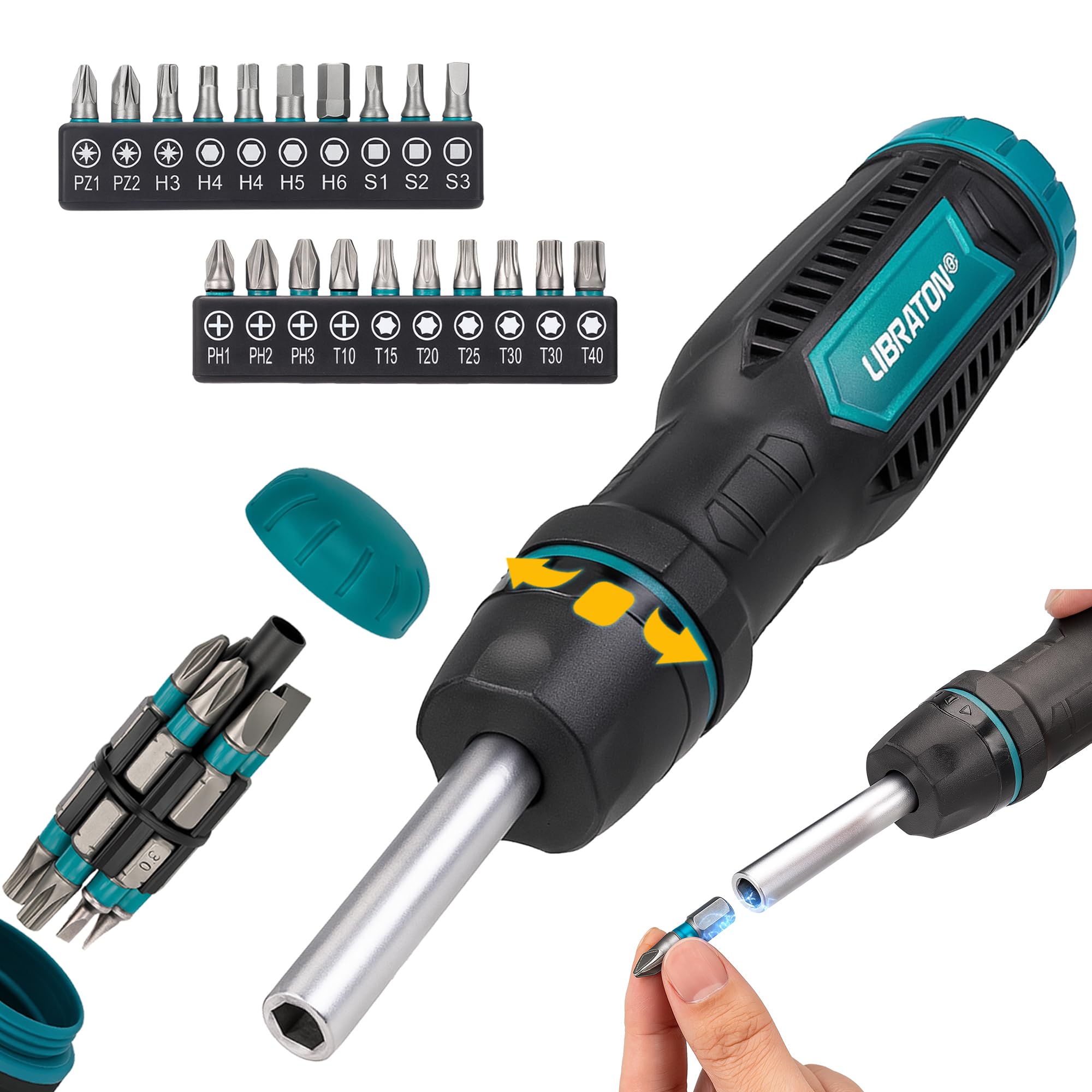 LIBRATON Ratschenschraubendreher Set, Multi Schraubendreher, 33-in-1 Magnetischer Schraubendreher, Schlitz-/Philips-/Pozi-/Torx-/Hex-/Vierkant-Bits, Ergonomischer Griff für Zuhause, Auto