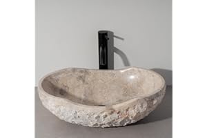 MIDUSO Handcrafted in Elegant Gray Stone, Boat-Shaped Stone Vessel Sink, 20"x14"x6" Marble Sink for Bathroom, Chiseled Exterior & Polished Interior; Beige Gray Color