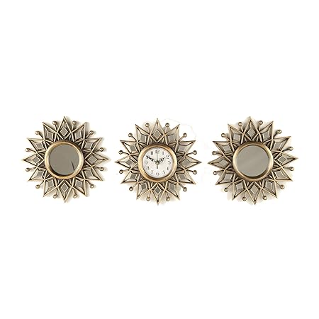 HomeTown Polyresin Clock Living Essence-Reflection S/3 Starburst Clock Set, 25X25 cm, Golden