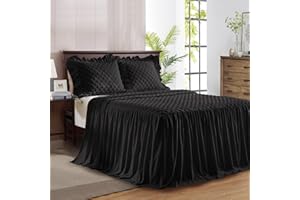 UOZZI BEDDING Ruffle Skirt Bedspread Set - 30" Long Drop - Vintage Chic Ruffled Summer Coverlet Bed Spreads Quilt Boho Bedding Farmhouse Style Lightweight Luxurious Rustic 3 Piece Set King Size Black