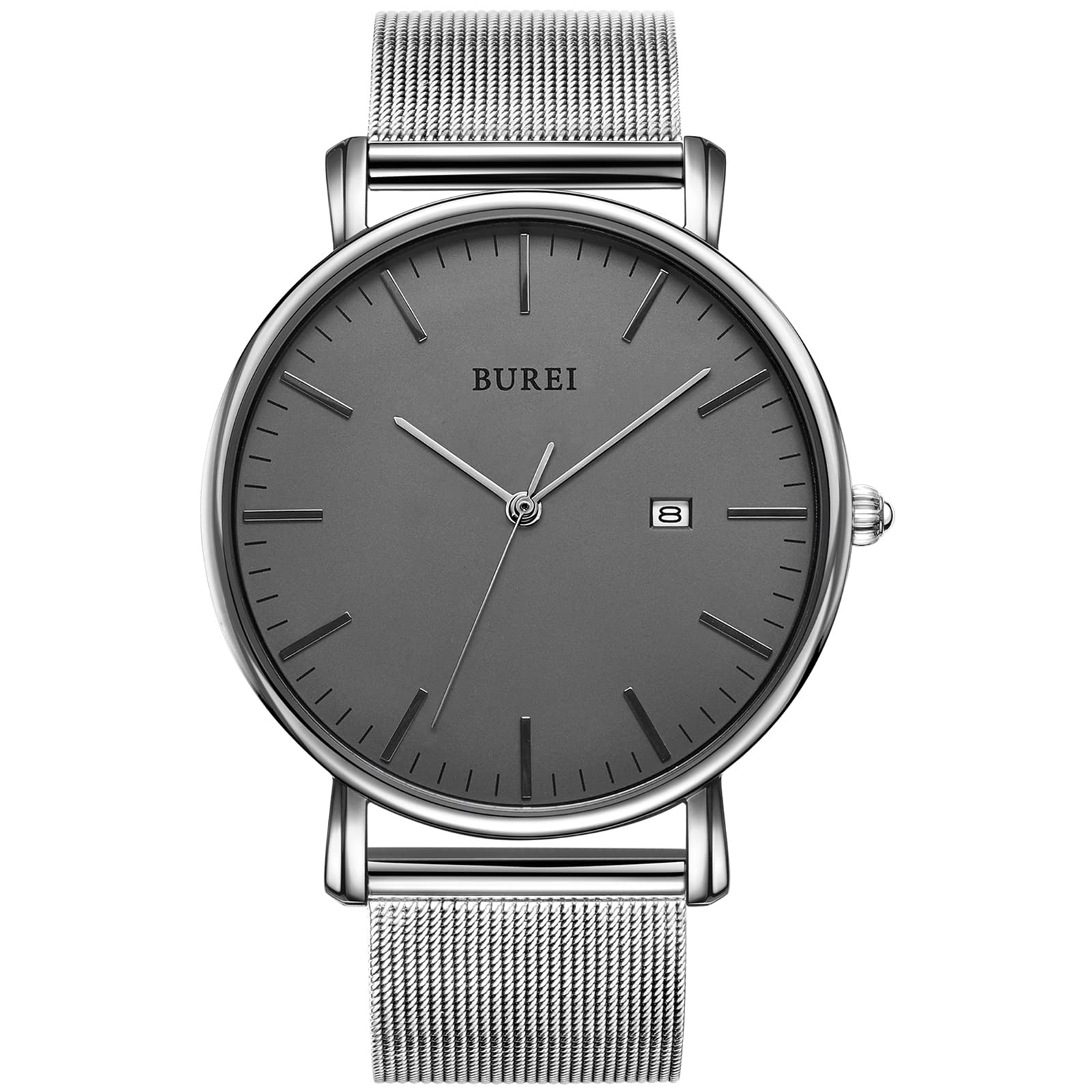 BUREI Men's Watches, Classic Analogue Dial with Date Japanese Quartz and Ultra-Thin Stainless Steel Mesh Band (Dark Gray Silver, Stainless Steel)