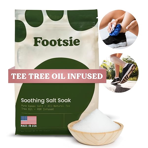 FOOTSIE SOOTHING TEA TREE OIL EPSOM SALT SOAK – FOR CALLUSES, ACHES & PAIN, ATHLETE’S FOOT – MADE IN USA – SOOTHES CRACKED HEELS, FLAKY SKIN – 100% ORGANIC, PEDICURE SPA SALT – 48 OUNCES