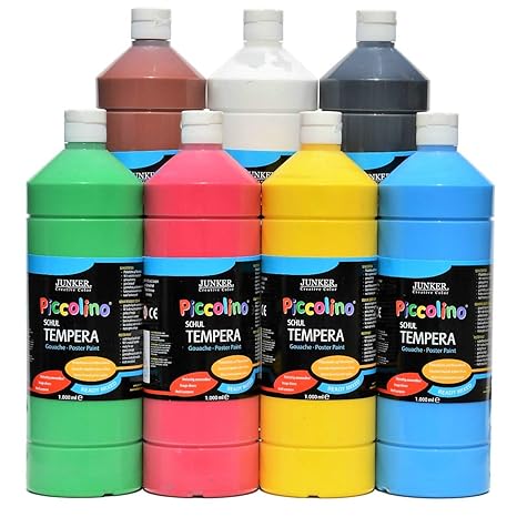 Piccolino Schul-Tempera Farben Set 7x1000ml - 7 tolle Farben in der 1 Liter Flasche, gebrauchsfertige Ready-Mix Gouache
