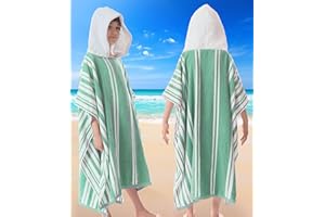 VOOVA & MOVAS Hooded Beach Towels for Boys| Girls | Teens (8-16Years), 100% Cotton Thick Poncho Towel Robe for Big Kids, Perfect for Pool, Beach, Bath and Gifts, Green Cabana Stripe Design