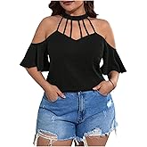 OYOANGLE Women's Plus Size Cold Shoulder Halter Blouse Cut Out Ruffle Half Sleeve Shirt Tops