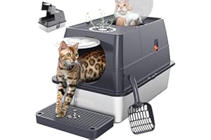 HAPAW Stainless Steel Litter Box with Lid, 135° Flip-Top Extra Large Cat Litter Pan, Enclosed Metal Litter Box with Litter Scoop & Filter Pedal, Odor Free, Front & Top Dual Entry
