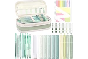 Aiallyo 40Pcs Aesthetic Book Annotation Kit with Pen Case，Including Gel Pen set Highlighters Correction Tape Sticky Notes Set and Tabs for Bible Study Student Stationary(Green Color,Classic)