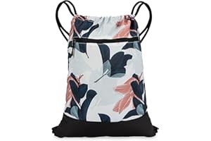 GOMOYO Drawstring Gym Bag for Women | Durable Lightweight Gym Cinch Backpack with Graphic Designs | Great for the Gym and Sports | Navy/Coral - Guava Leaves