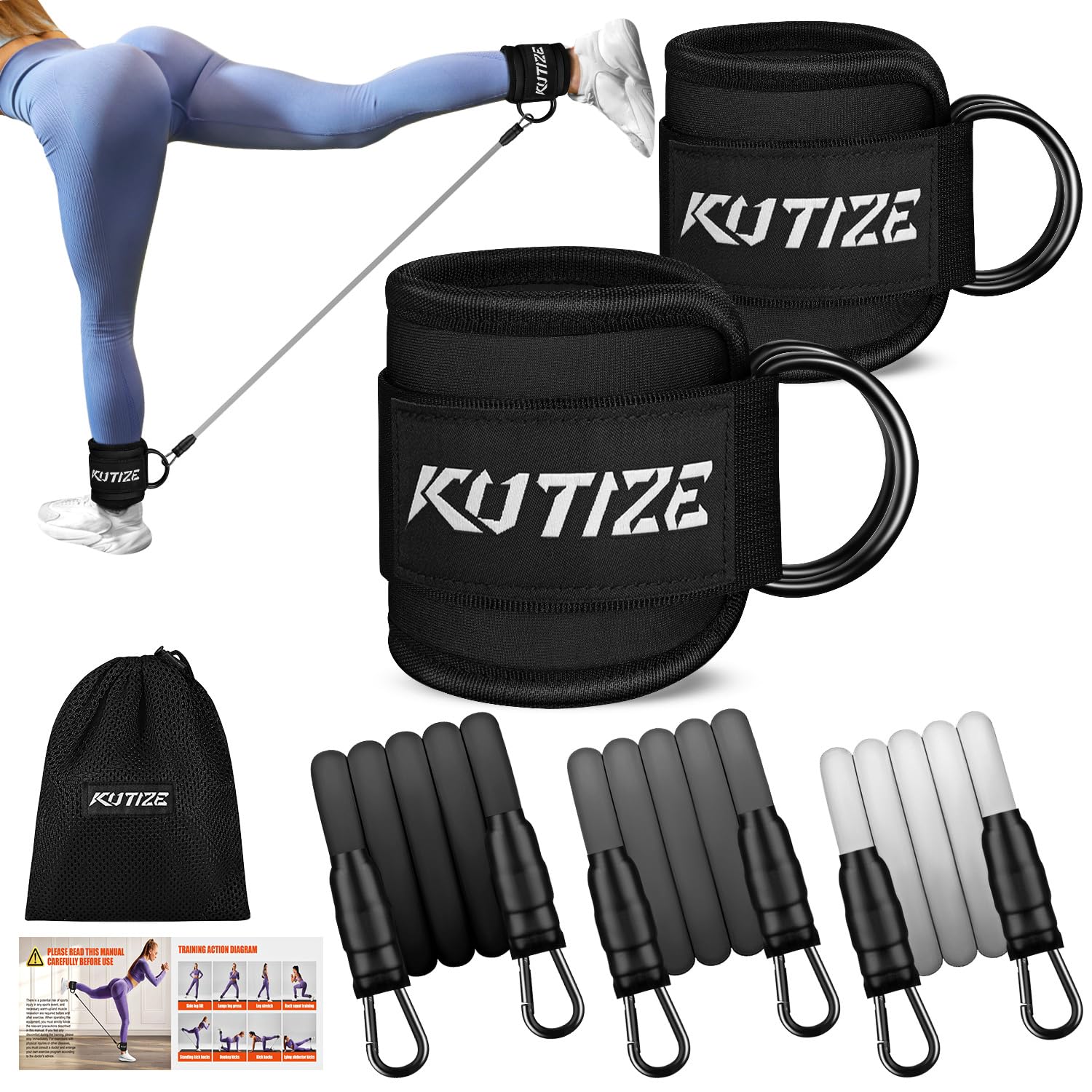 Ankle Resistance Bands with Cuffs for Women & Men - 3-Level Adjustable Leg & Glute Workout Equipment, Portable Home Gym Exercise Bands for Kickbacks, Hip Thrusts, Yoga, Strength Training