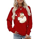 Epokay Christmas Santa Claus Sweatshirt Women Retro Funny Bright Star Pattern Casual Long Sleeved Round Neck Top