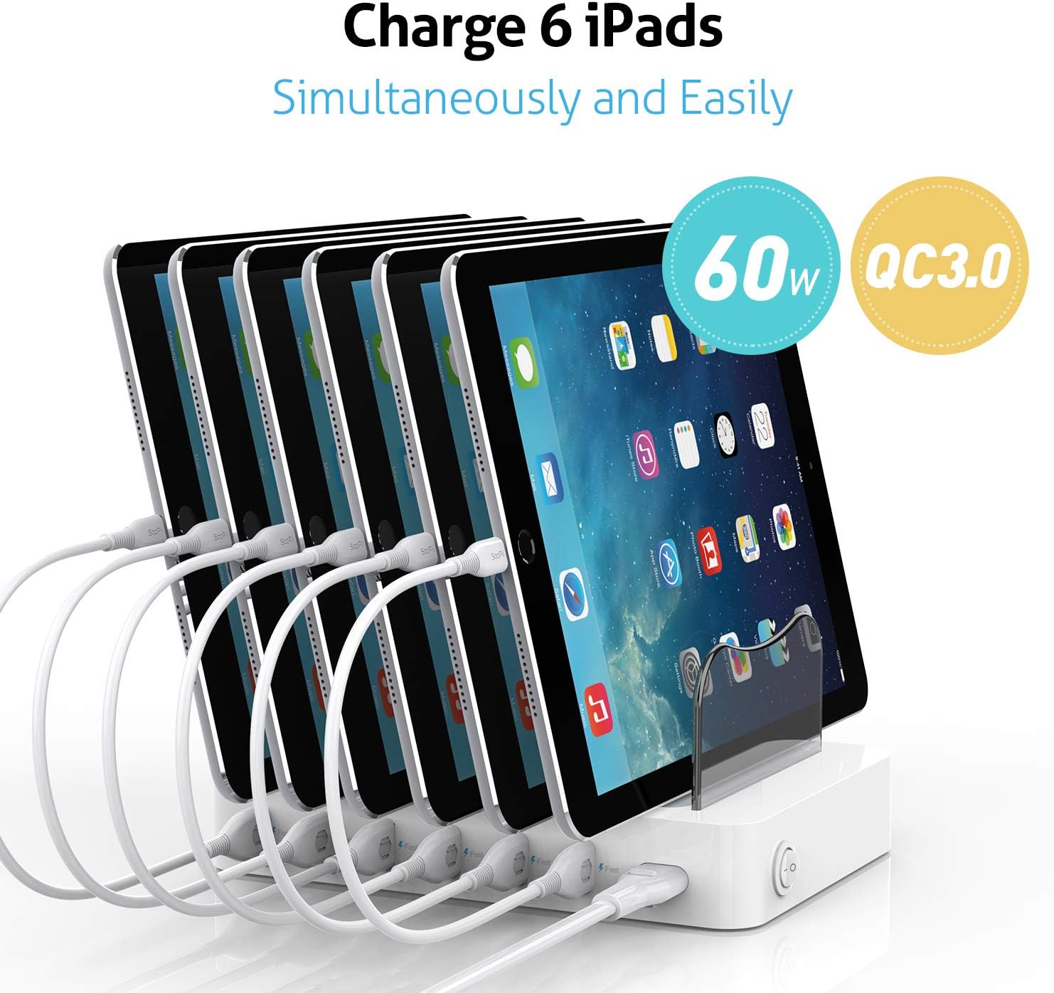 Soopii Quick Charge 3.0 60W/12A 6-Port USB Charging Station for Multiple Devices, 8 Short Charging Cables Included, I Watch Charger Holder,for Phones, Tablets, and Other Electronics,White
