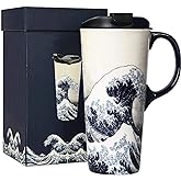 Topadorn Ceramic Travel Mug Porcelain Coffee Cup with Spill-proof Lid and Box, 17 Oz.