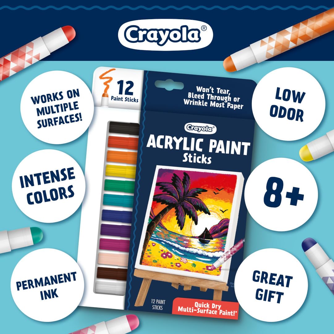 Crayola Acrylic Paint Doodle Sticks (12ct), Acrylic Paint Marker Set for Kids, Quick Dry, Multi-Surface, Less Mess, Kids Craft Supplies, Ages 8+