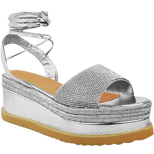 Fashion Thirsty Damen Sandalen mit Keilabsatz & Plateausohle - Schnürung Am Knöchel