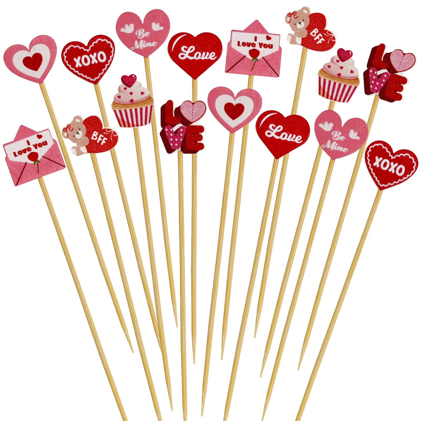 Photo 1 of 200PCS Valentine’s Day Wooden Cocktail Picks – Valentines Heart Love Appetizer Fruits Sticks Toothpicks Cupcake Toppers Party Supplies Decorations
