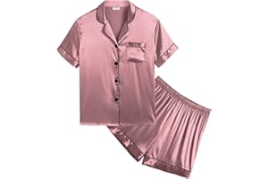 SWOMOG Silk Satin Pajamas Set Button-Down PJs Two-Piece Lounge Sets Short Sleeve Sleepwear with Long Pants