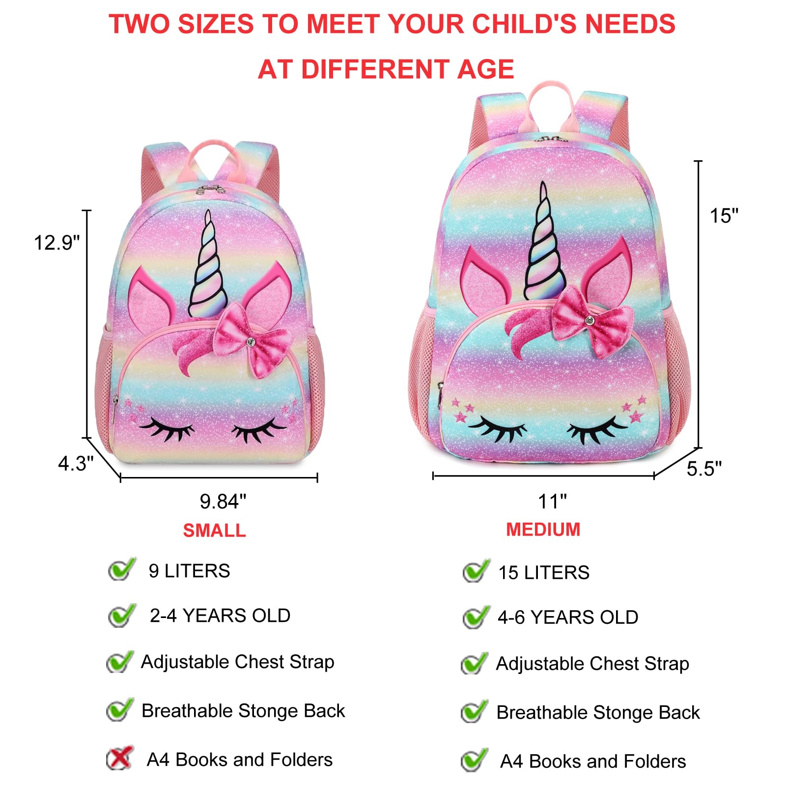 Octsky Unicorn Toddler Backpack Girls Mini Backpack for Kids, Lightweight Preschool Backpack for Kindergarten Little Girls Bookbag With Chest Strap