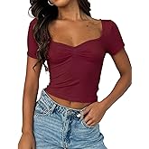 TiulZial Women's Short Sleeve Going Out Crop Top Sexy Pleated Cute Shirt Sweetheart Neck Y2K Ruched Cropped Tops