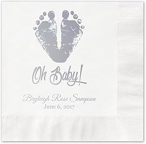 Baby Feet And Toes Personalized Cocktail Napkins / 100 White 3 Ply Paper Coined Beverage Napkins With Choice Of Foil / Folded 4 3/4