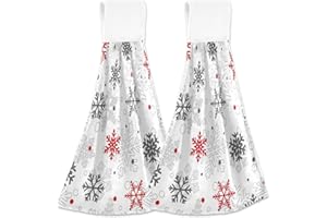 DUSSDIL Winter Snowflakes Kitchen Hanging Towel Red White Snow Hand Fingertip Bath Tie Towels Set of 2 Pcs Tea Bar Dish Cloths 14 x 18 in Dry Towel Soft Absorbent Thin Durable for Laundry Room Decor