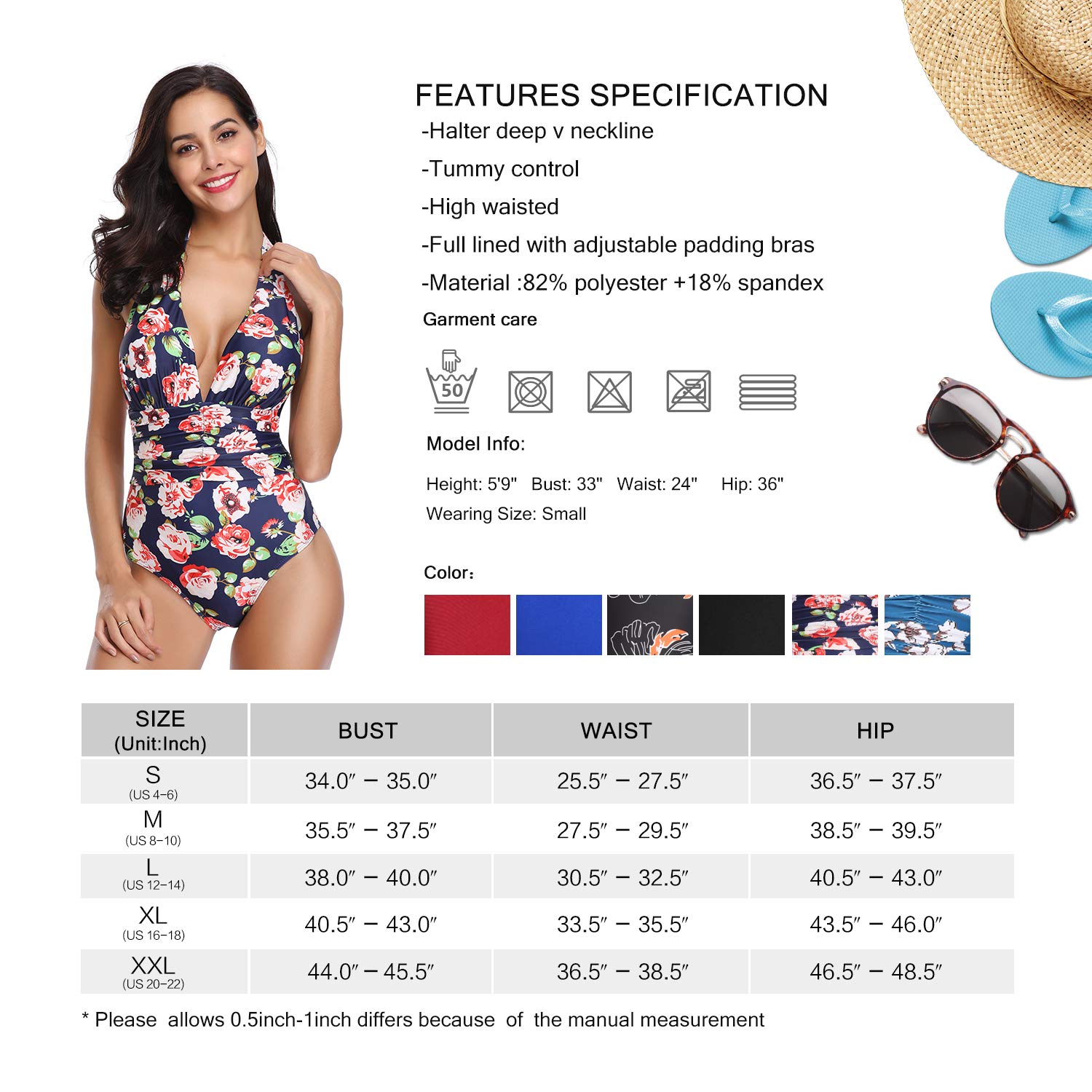 MarinaVida Women V Neck One Piece Swimsuit Halter Bathing Suits