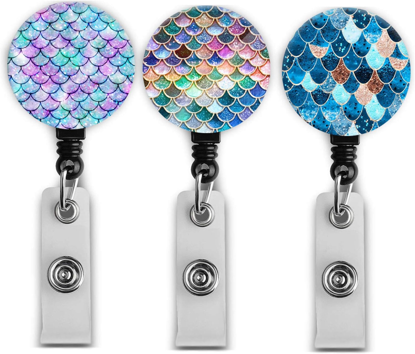 Badge Reel Retractable Badge Holder Carabiner with Alligator Clip On ID Card Holders (Mermaid-3 Pack)