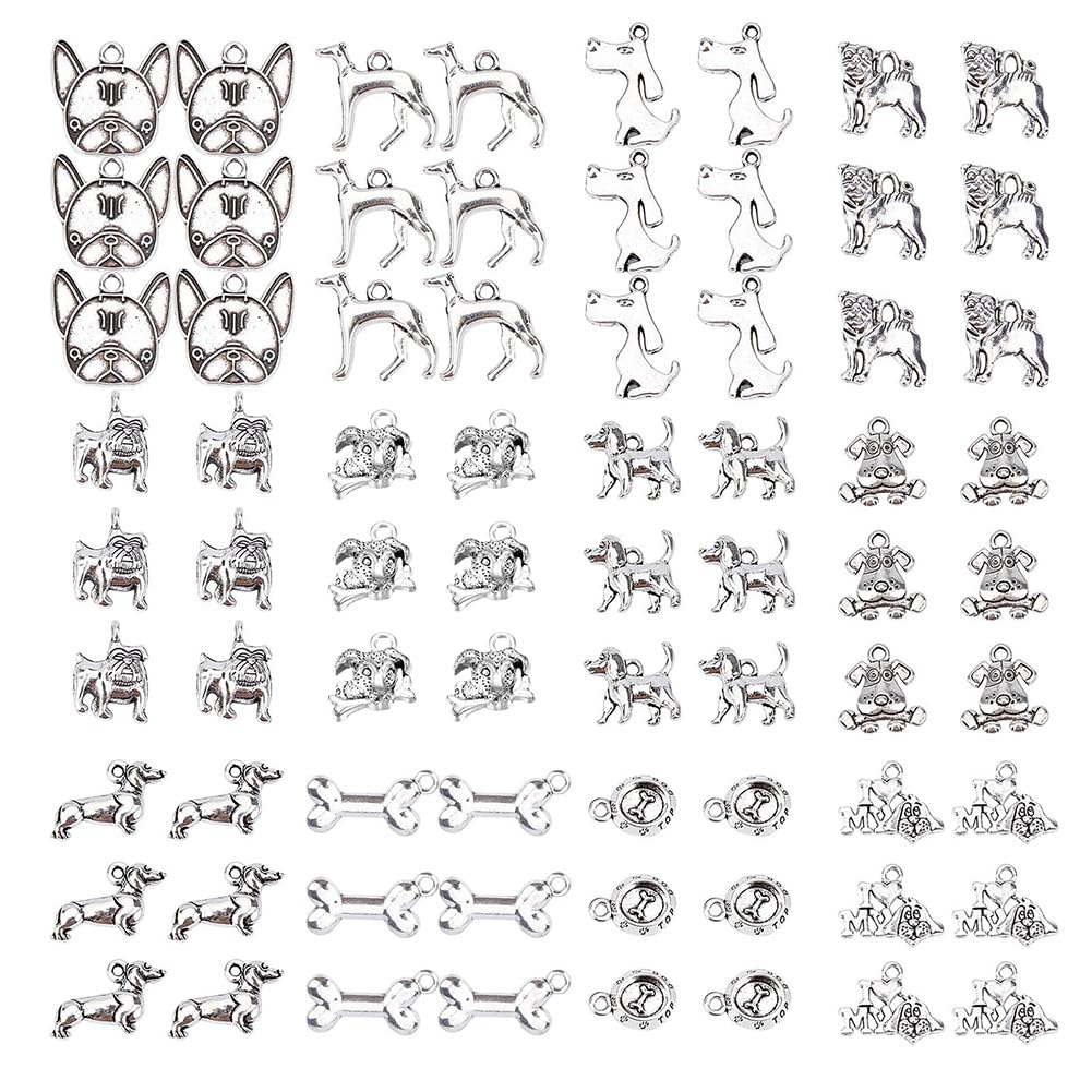 SUNNYCLUE 72pcs 12 Styles Tibetan Alloy Animals Dogs Charms Pendants Pet Puppy Dog Beads Charms with Hole for DIY Bracelet Necklace Jewelry Making, Antique Silver