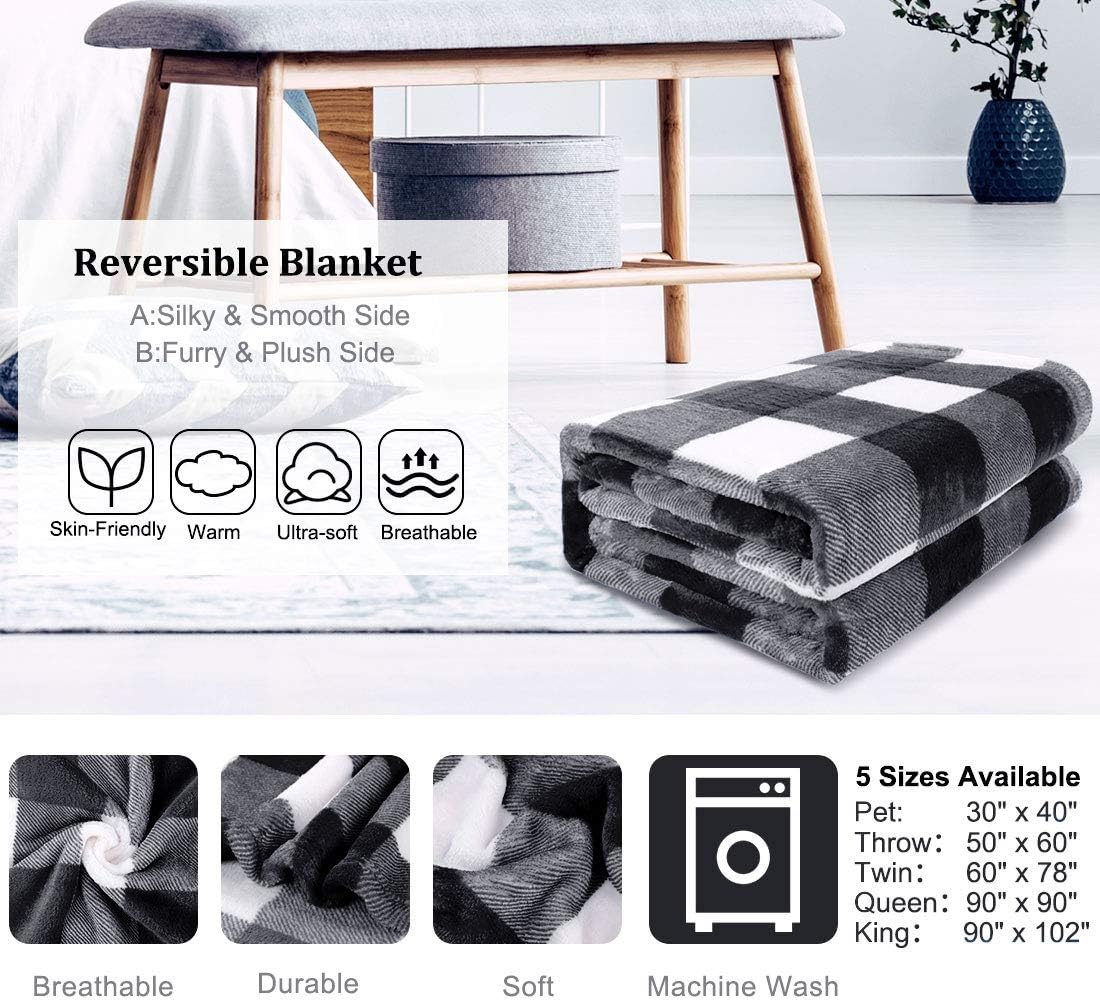 PiccoCasa Plaid Flannel Fleece Blanket Twin Size,Buffalo Checkered Soft Blankets and Throws,Plush Lightweight Decorative Blanket for Couch Sofa Bed,60" x 78",White and Black Tartan - Image 4