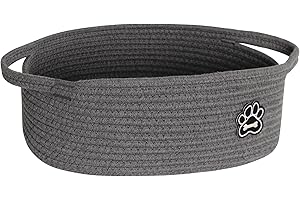 WILLITAT Small Dog Toy Basket, Soft Cotton Rope Dog Cat Toy Bin, Woven Storage Holder for Living Room Nursery, Cats Pet Gift Basket Empty, Decorative Wicker Storage Box with Handle, 13"x 9"x 5" (Grey)
