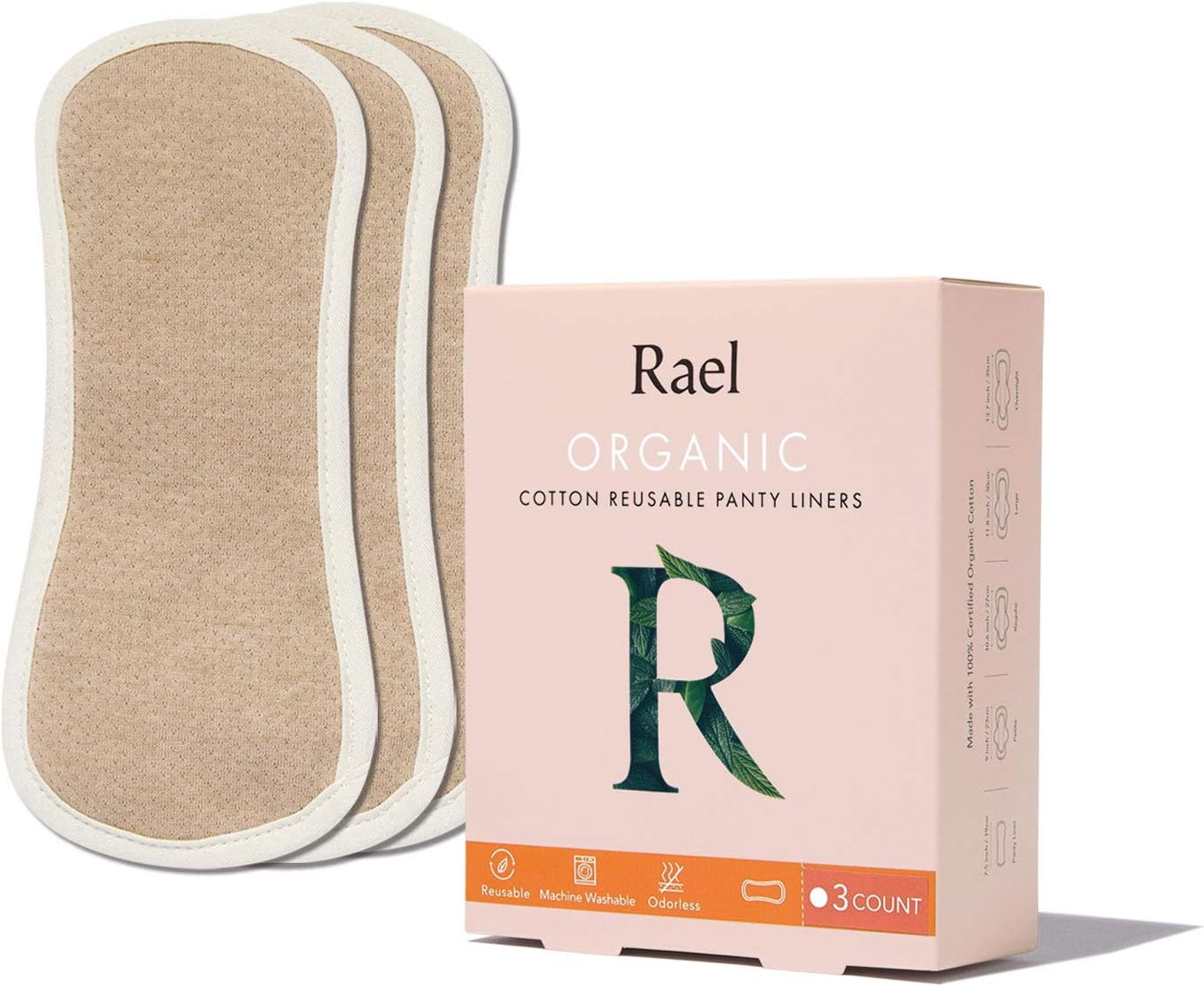 Rael Organic Reusable Cloth Pantyliners - Soft and Thin, Leak Free, Washing Machine Safe, Daily Pantyliner, Set of 3 (Tan)