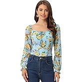 Allegra K Square Neck Tops for Women's Smocked Back Puff Sleeve Elegant Floral Blouse