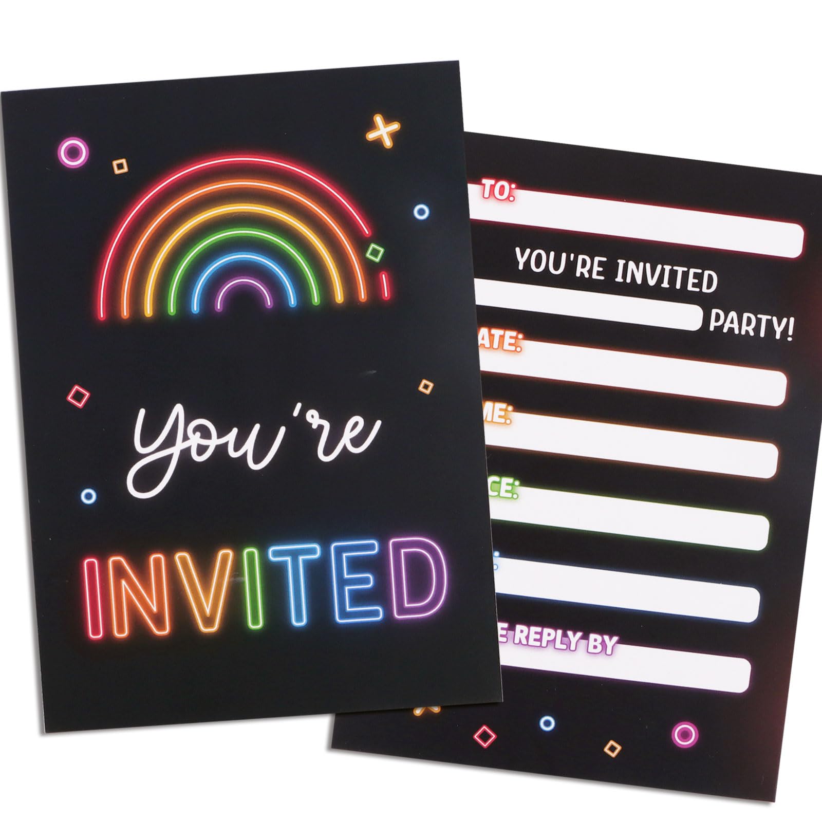 COMOOKA 20pcs Neon Party Invites Rainbow Birthday Party Invitations Kids Birthday Invitations for Girls Boys