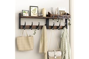 Evermagin 29" Coat Rack Wall Mount with Shelf, 4 in 1 Coat and Key Hanger with 11 Metal Hooks, Entryway Wall Mounted Shelf with Mail Holder for Living Room, Bedroom, Rustic Brown