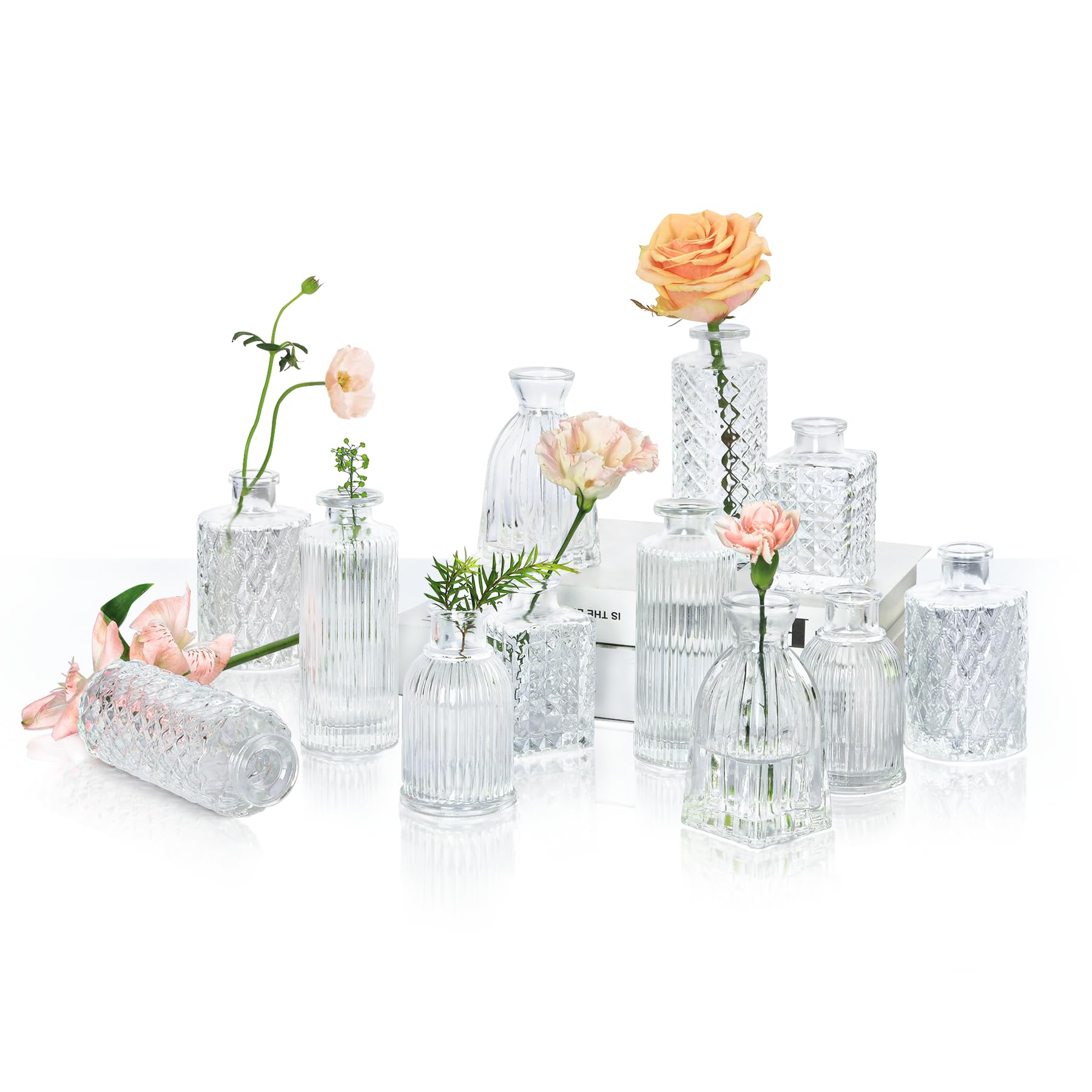 ComSaf Glass Bud Vases Set of 12, Small Clear Bud Vases in Bulk, Mini Flowers Vases for Centerpieces, Vintage Bottle for Table Decorations, Wedding Decor, Recepetion, Home, (Clear)