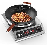 VEXMAECY 1800W Induction Wok,Stainless Steel Electric Wok Used For Home And Commercial,Temp From 140°F to 460°F,Concave Surface Dual Control 10 Power 24H Timer,14-inch Cast Iron Wok Included