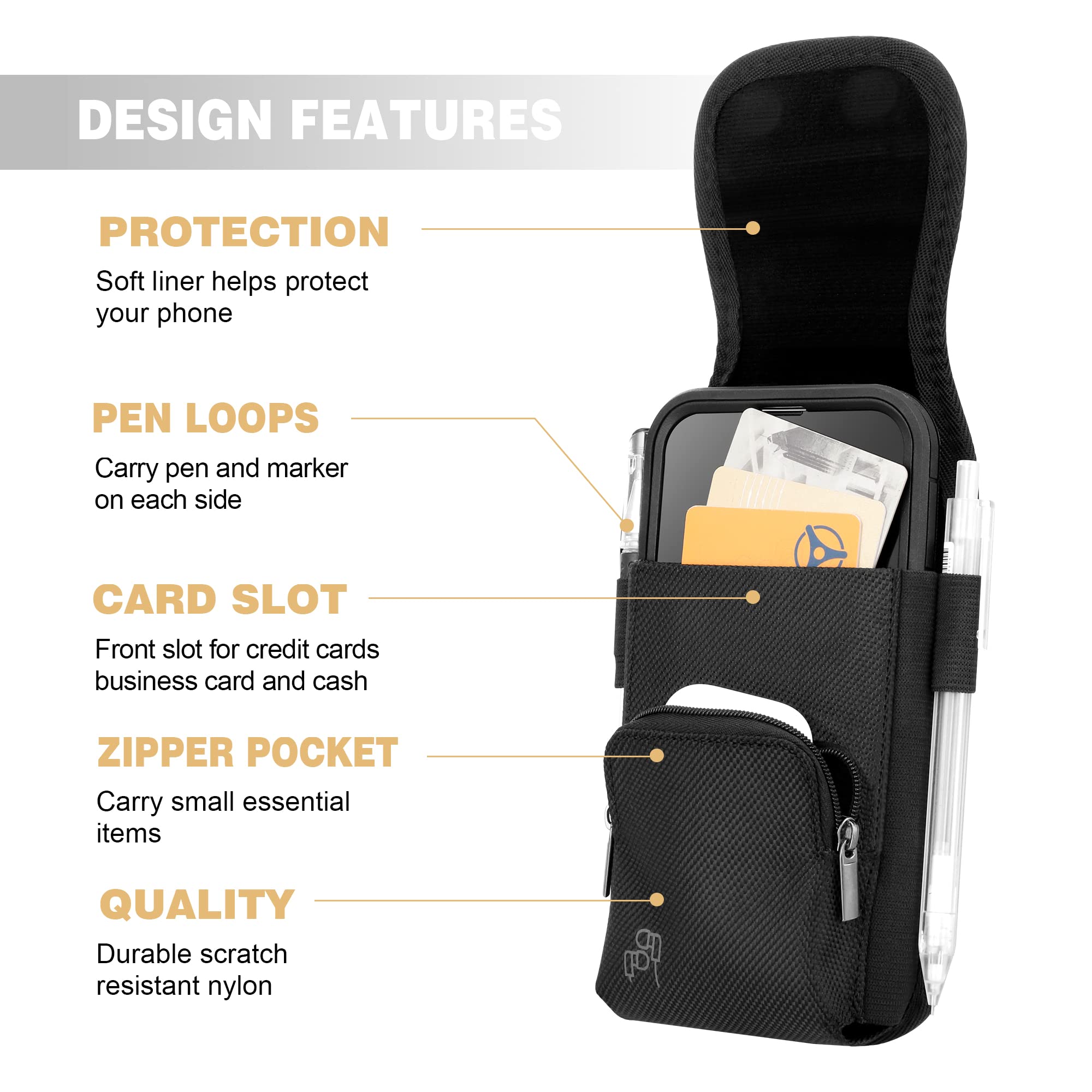 Perilogics Phone Holster with Magnetic Cover. Belt Clip Pouch for iPhone 16 Plus, 16 Pro Max and All Plus and Pro Max Models with Case Installed. Zipper Storage and Credit Card Pocket.