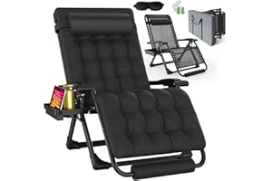 YOMIFUN Oversized Zero Gravity Chair with Cushion XXL, 33In Padded Lounge Chair, Recliner Camping Chair W/Full-Alu Alloy Lock, Cushion, Storage Bag, Footrest, Cup Holder, Folding Chair Support 500lbs, Black