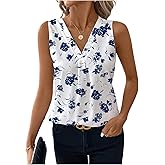 Milumia Women's Floral Print V Neck Dressy Tank Top Boho Sleeveless Work Blouses Blue and White Small