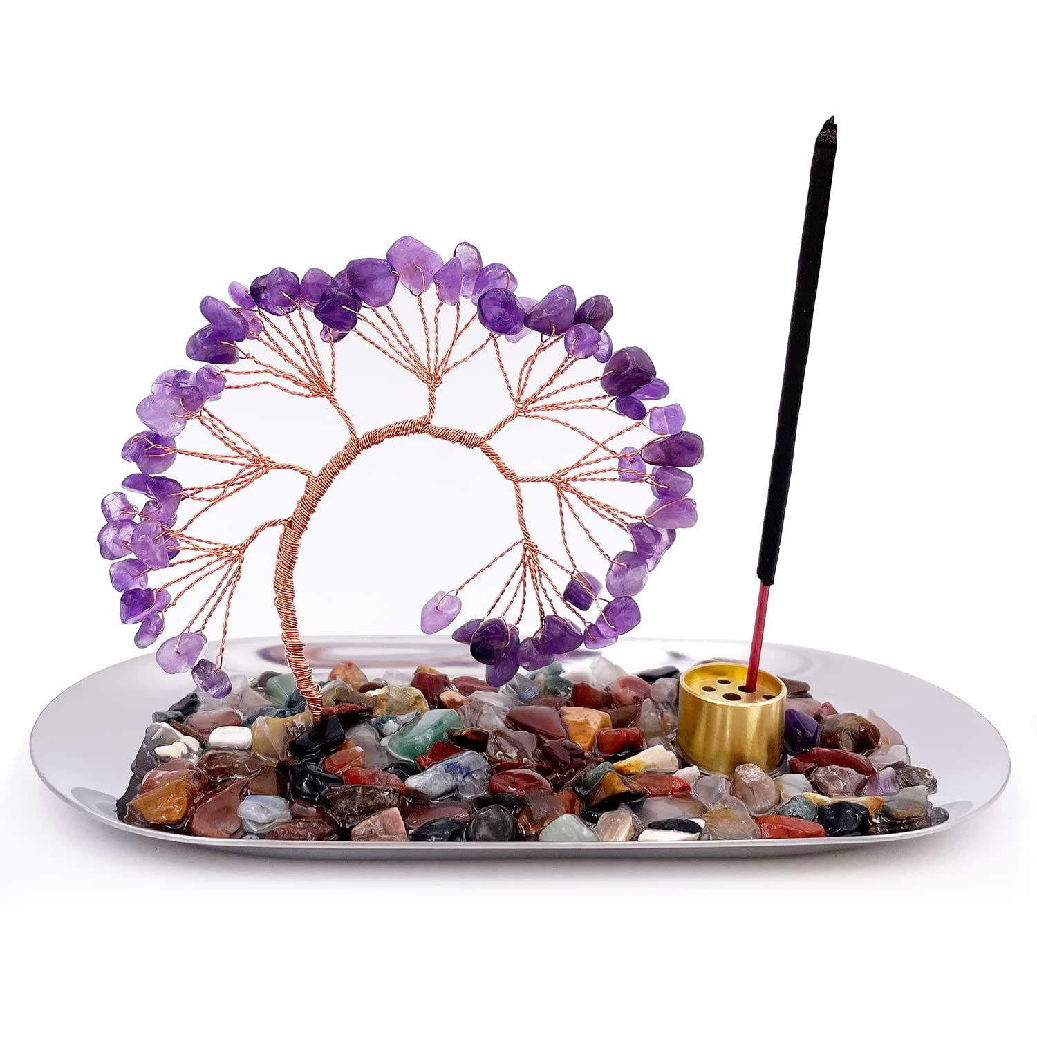 Incense Stick Holder with Natural Purple Amethyst Crystal Tree and Ash Catch Tray for Positive Energy, Meditation, Yoga, Home Decor