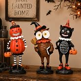 Rotatingpals 3 Pcs Vintage Halloween Decor Owl Pumpkin Table Resin Figurine | Farmhouse Halloween Table Decor, Resin Spooky Tabletop Centerpiece for Desk Shelf Fireplace, Retro Wooden Signs, 7.87 Inch