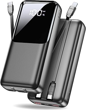 Power Bank 40000mAh 22,5W Powerbank PD USB-C Schnellladefunktion, Tragbares Ladegerät mit 3 Anschlüssen & 2 integrierten Kabeln, Externer Akku kompatibel mit iPhone 17 16 15 14 13, Android und mehr