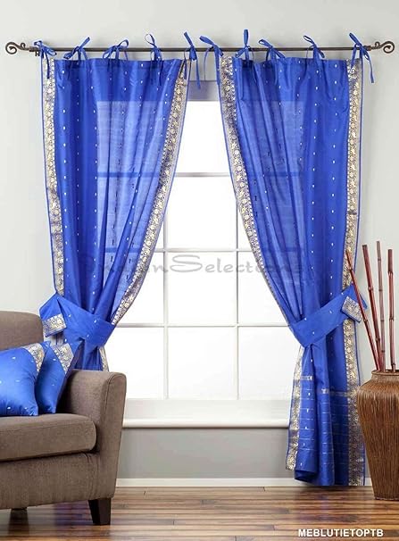 Amazon Com Indo Blue Tie Top Sheer Sari Curtain Drape Panel