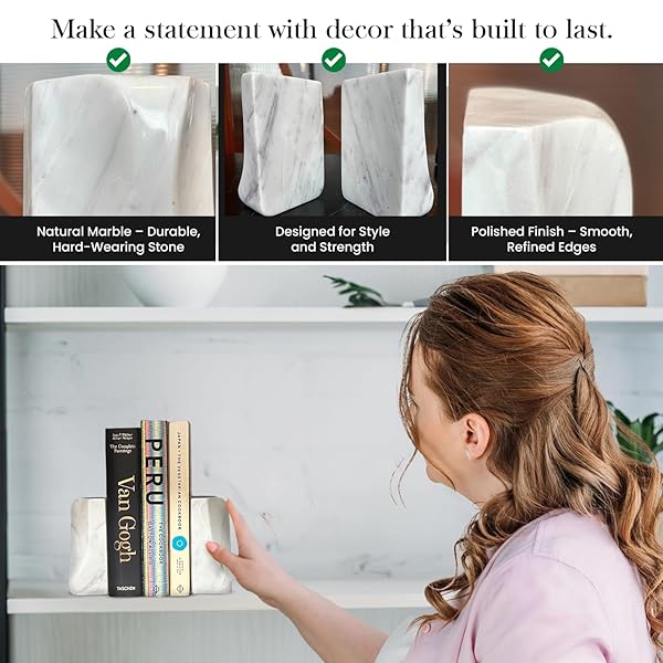 USIA WHITE MARBLE BOOKENDS – HEAVY DUTY 9.8 LBS STONE BOOK ENDS FOR SHELVES, MODERN DECORATIVE BOOK HOLDER SET OF 2 – PREMIUM HANDMADE MARBLE BOOK ENDS FOR OFFICE, LIBRARY, OR HOME DECOR