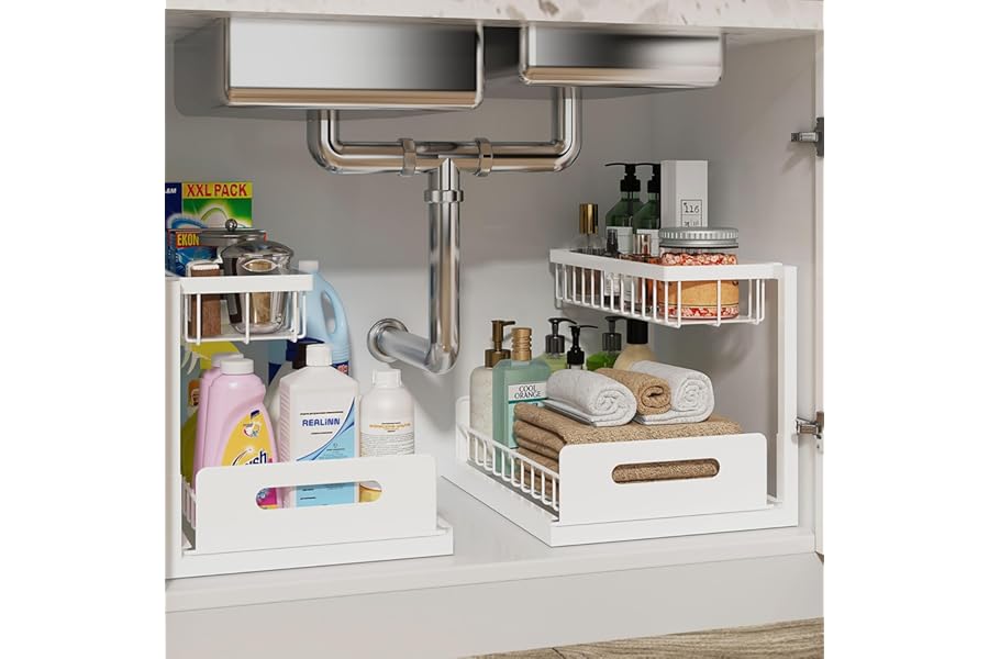 REALINN Under Sink Organizer, Pull Out Cabinet Organizer, 2 Tier Metal Slide Out Shelf with L Shaped Design for Kitchen, Bath Book