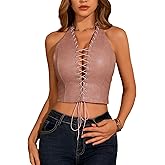 Waist Wow Women's PU Leather Halter Top Lace Up Front Crop Tank Tops Sleeveless Backless Sexy Corset Camisole Party Clubwear