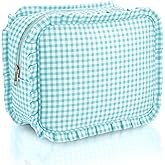 SilTriangle Mint Gingham Ruffle Makeup Bag 10 x 8 x 4.5 Inches Large Ruffle Pouch Travel Cute Checkered Cosmetic Toiletry Bag with Zipper for Women Girls, Toiletry Pouch Make up Organizer Gift