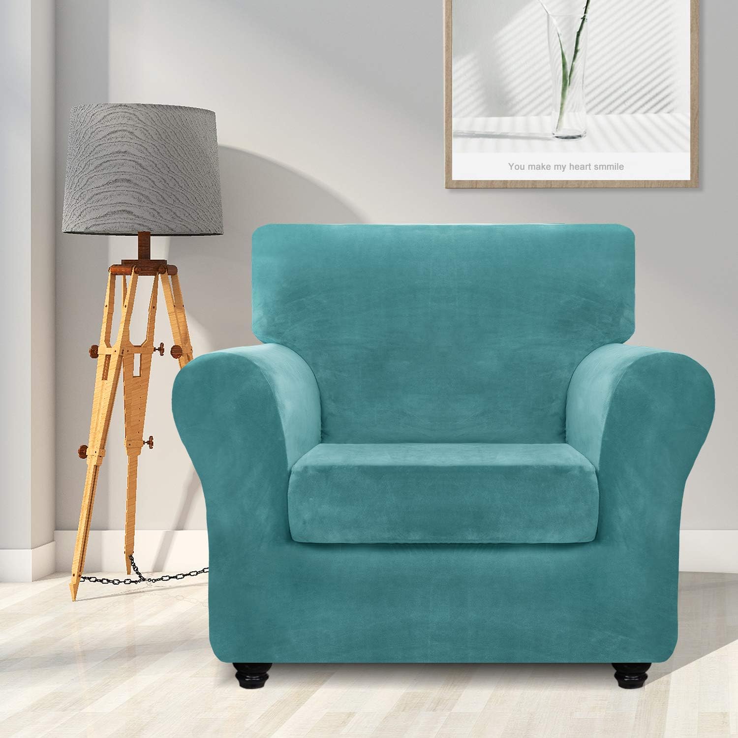 ZNSAYOTX Luxury Velvet Chair Slipcovers with Arms 2 Piece Stretch Chair Covers for Living Room Thick Soft Armchair Slipcover Anti Slip Dog Pet Friendly Furnitre Protector (Peacock Blue, Chair): Kitchen & Dining